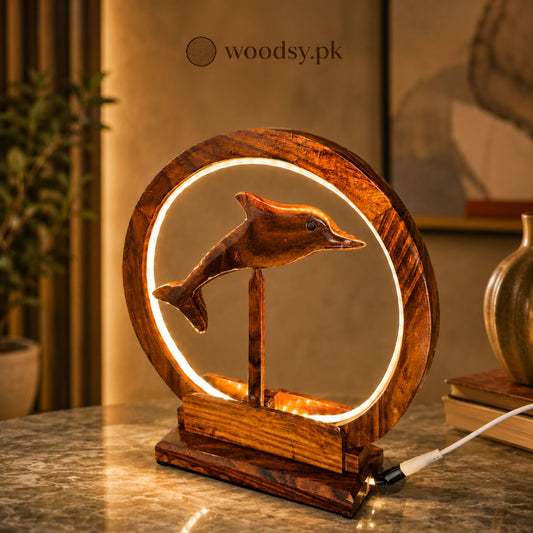 Premium Dolphin LED Lamp – Sheesham Wood Decorative Night Light | Woodsy.pk