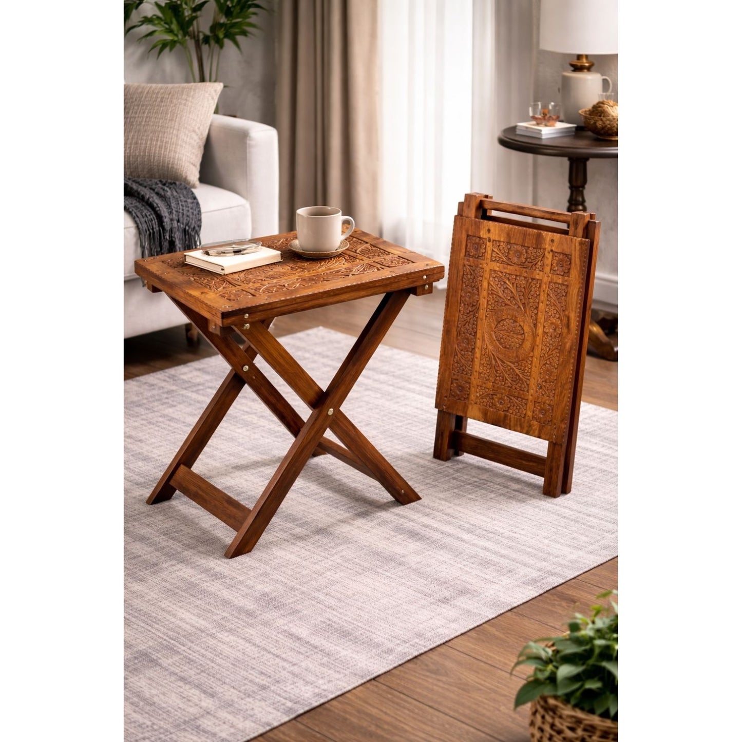 Hand-Carved Wooden Table – 12" x 18" Premium Solid Wood with Elegant Craftsmanship