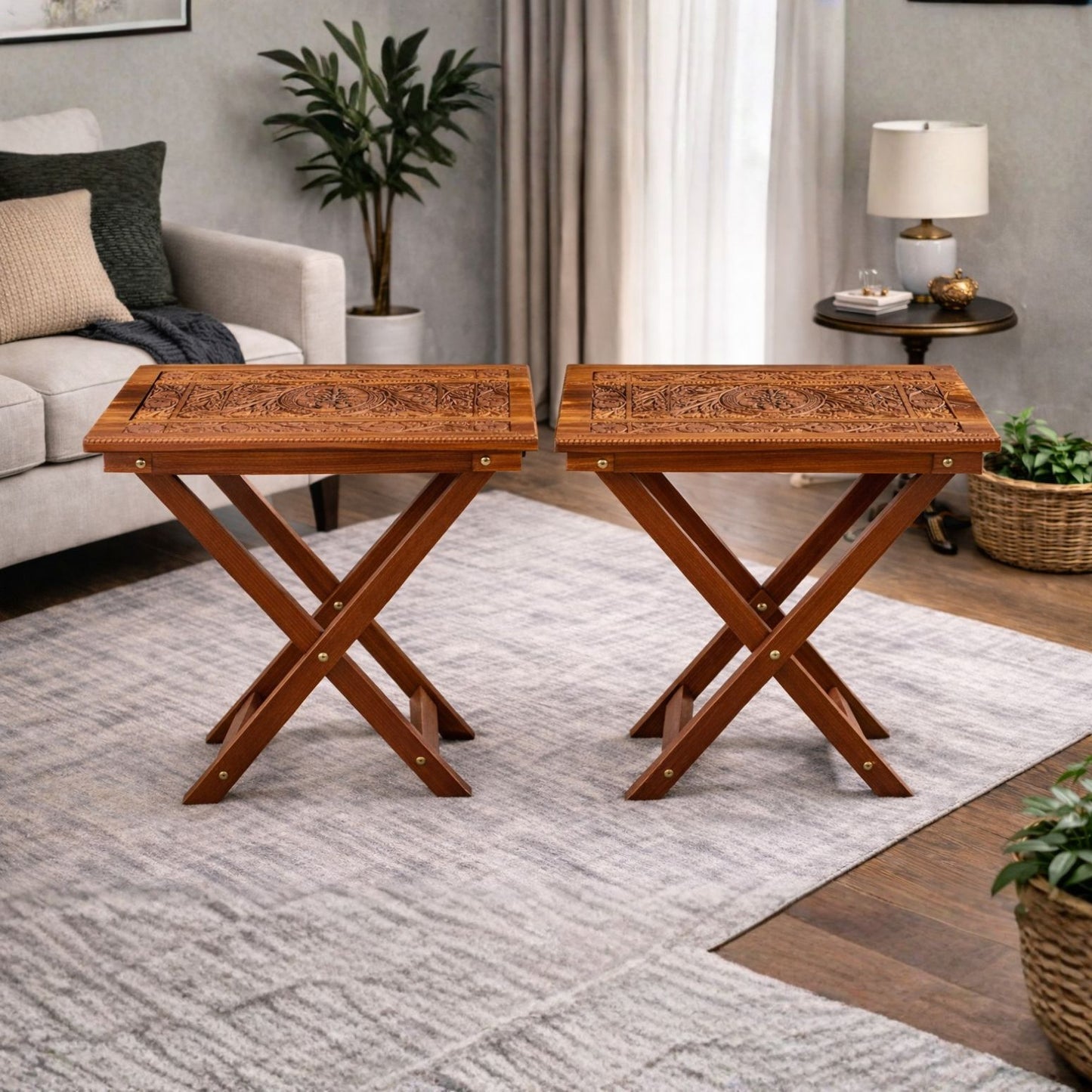 Hand-Carved Wooden Table – 12" x 18" Premium Solid Wood with Elegant Craftsmanship