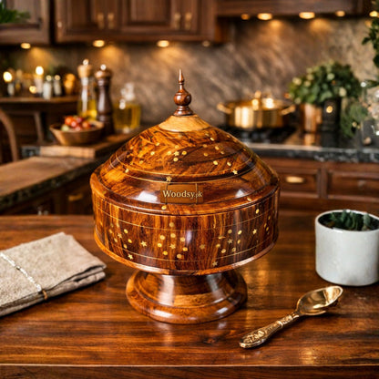 Premium Wooden Buffet Hotpot with Brass Work &  With Steel Bowl – Pure Shesham Wood | 12 Inches