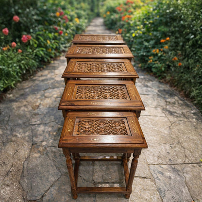 Premium Handcrafted Sheesham Wood Nesting Tables – Brass Inlay Carved Side Tables Set (4 Pieces)