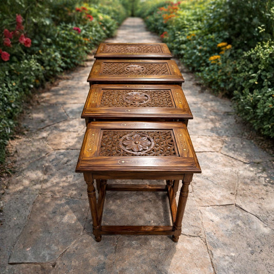 Premium Handcrafted Sheesham Wood Nesting Tables – Brass Inlay Carved Side Tables Set (4 Pieces)