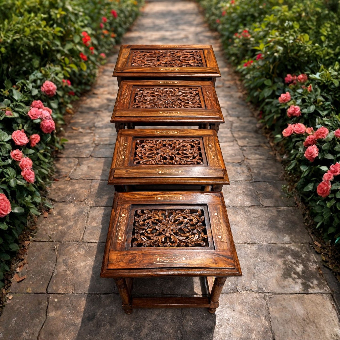 Premium Handcrafted Sheesham Wood Nesting Tables – Brass Inlay Carved Side Tables Set (4 Pieces)