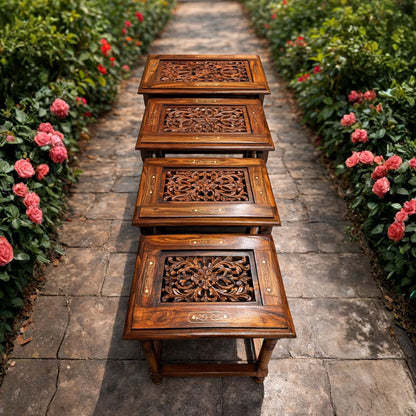 Premium Handcrafted Sheesham Wood Nesting Tables – Brass Inlay Carved Side Tables Set (4 Pieces)