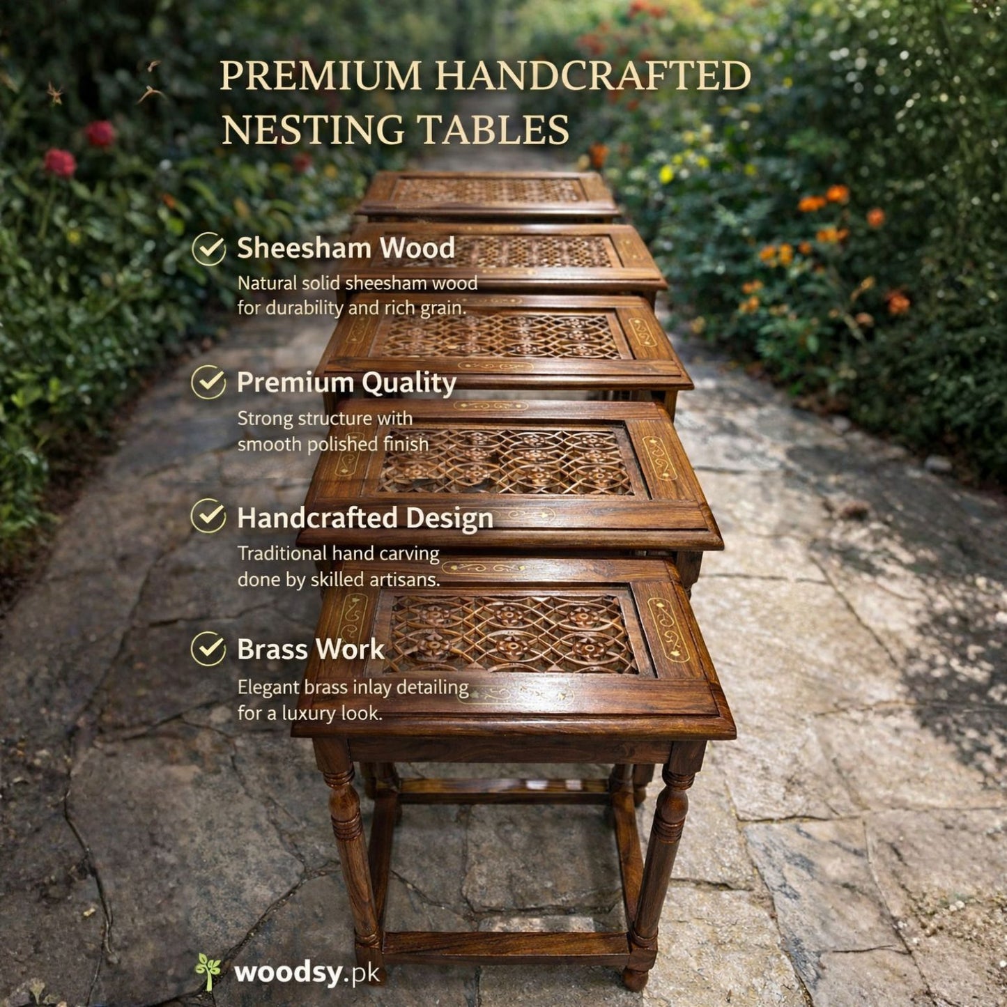 Premium Handcrafted Sheesham Wood Nesting Tables – Brass Inlay Carved Side Tables Set (4 Pieces)