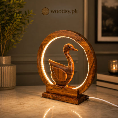 Elegant Swan LED Lamp – Handcrafted Sheesham Wood Decorative Light | Woodsy.pk