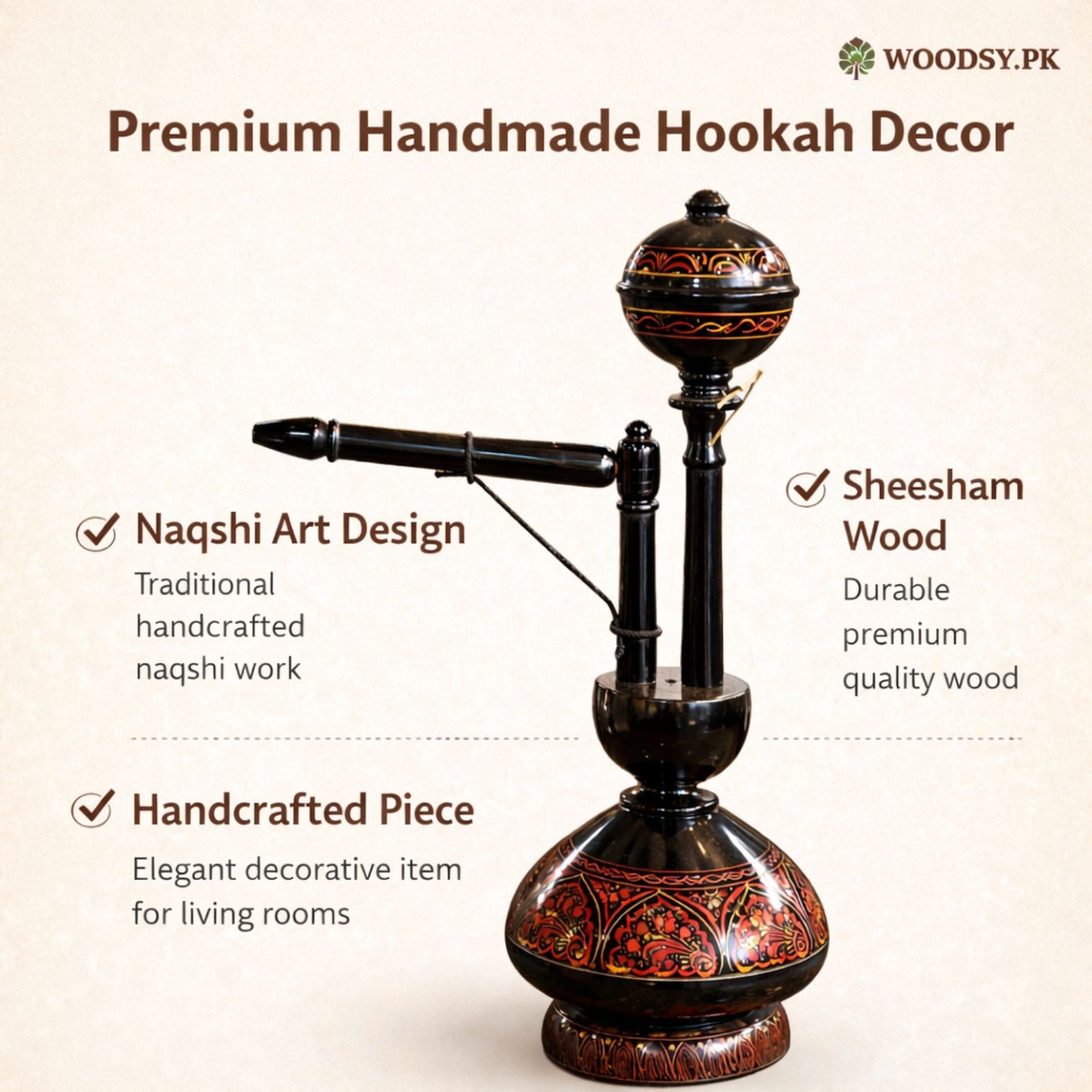 andcrafted Sheesham Wood Hookah Decor – Traditional Naqshi Art Showpiece