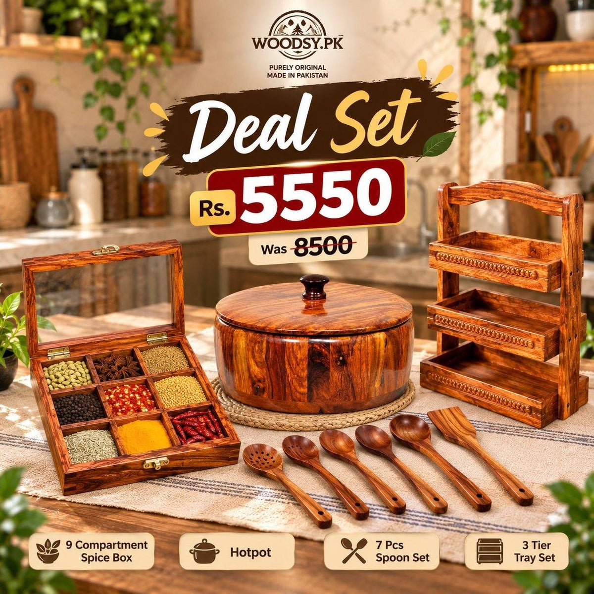 Premium Wooden Kitchen Deal Set – Hotpot, Spoon Stand, 7-Piece Spoon Set & 9-Compartment Spice Box (Copy)