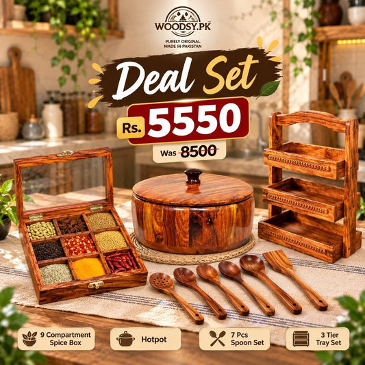 Premium Wooden Kitchen Deal Set – Hotpot, Spoon Stand, 7-Piece Spoon Set & 9-Compartment Spice Box (Copy)