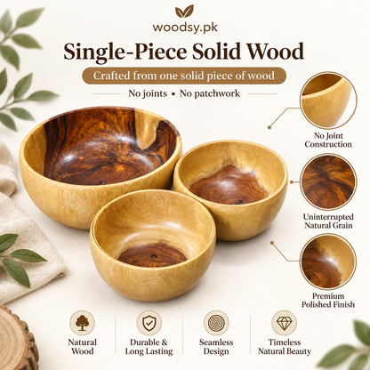 Sheesham Wood Nesting Bowl Set – Pack of 3 | Single-Piece Solid Wood, No Joint Construction