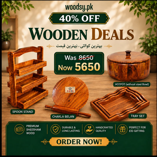 Woodsy Premium Kitchen Combo – Hotpot  + Tray Set + Spoon Stand + Chakla Belan | 40% OFF Deal