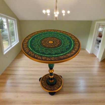 Green & Gold Art Coffee Table – 18" Round Handcrafted Table | Royal Lacquer Finish, 20" Height Accent Piece
