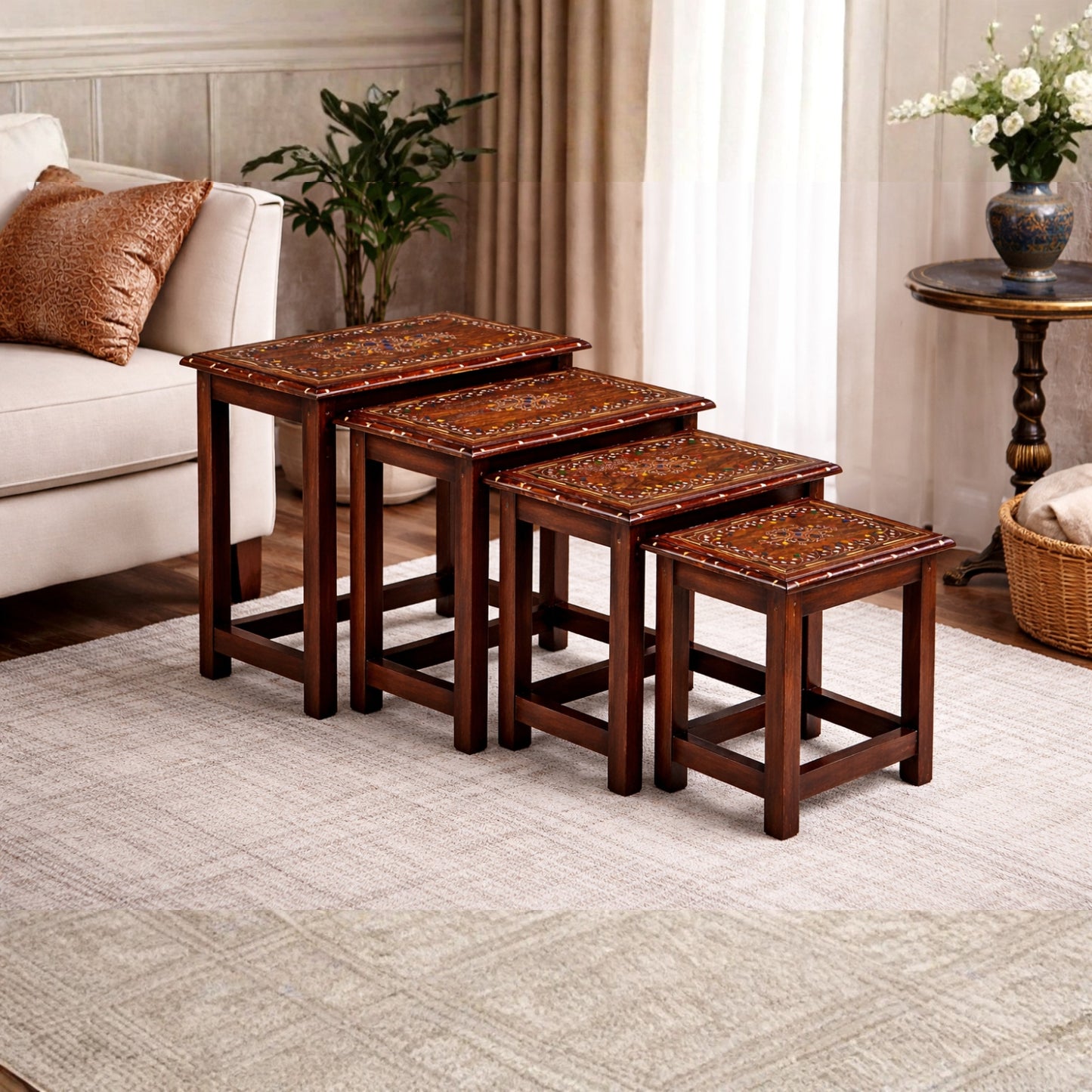 Premium Wooden Nesting Table Set of 4 – White Printed Sheesham Wood