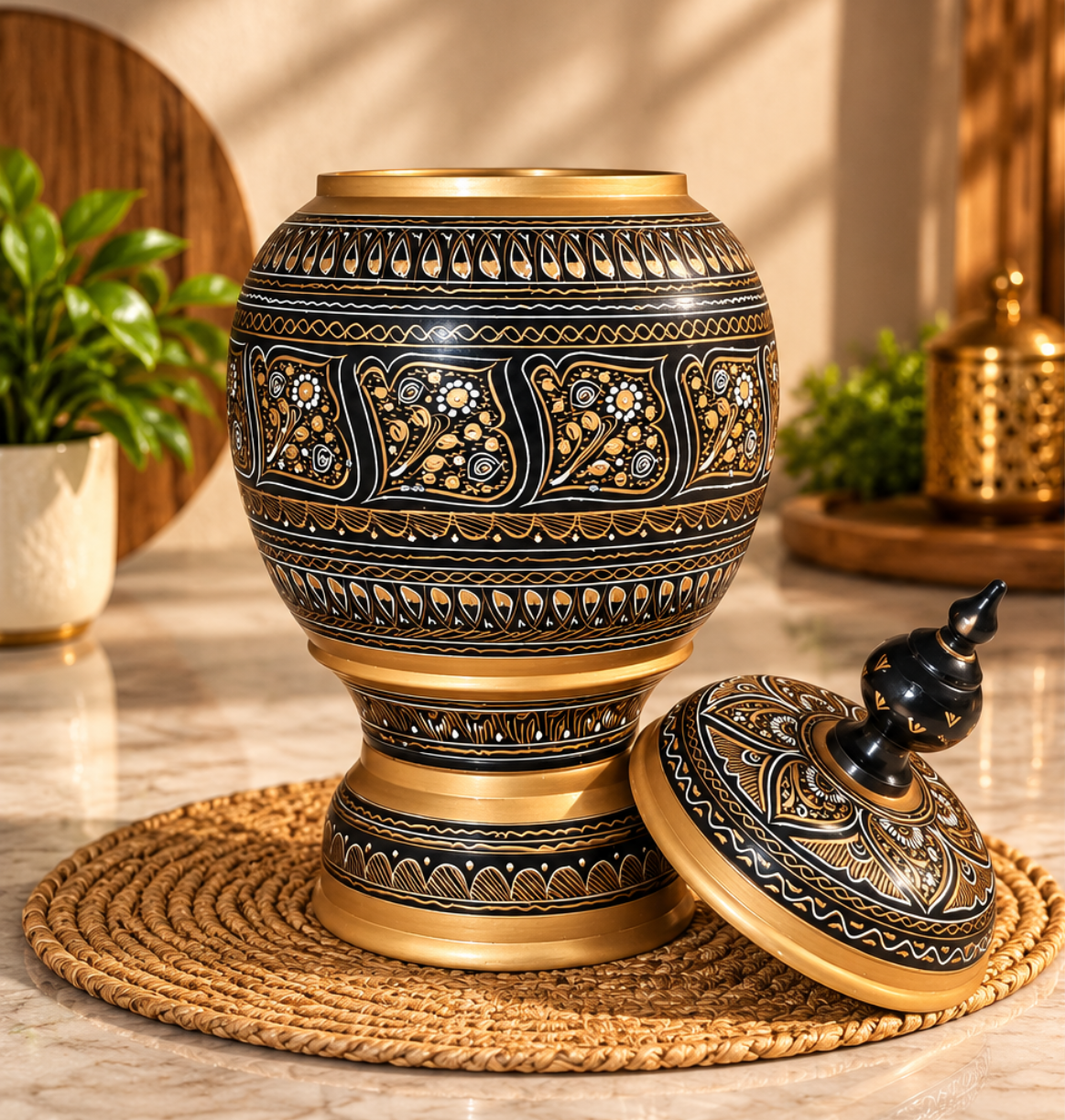 Black & Golden 16-inch Candy Jar with removable lid on woven mat