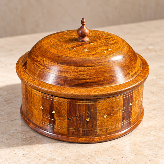 Traditional Brass-Decorated Sheesham Wooden Hotpot with Steel Bowl – 12x8" — product photograph