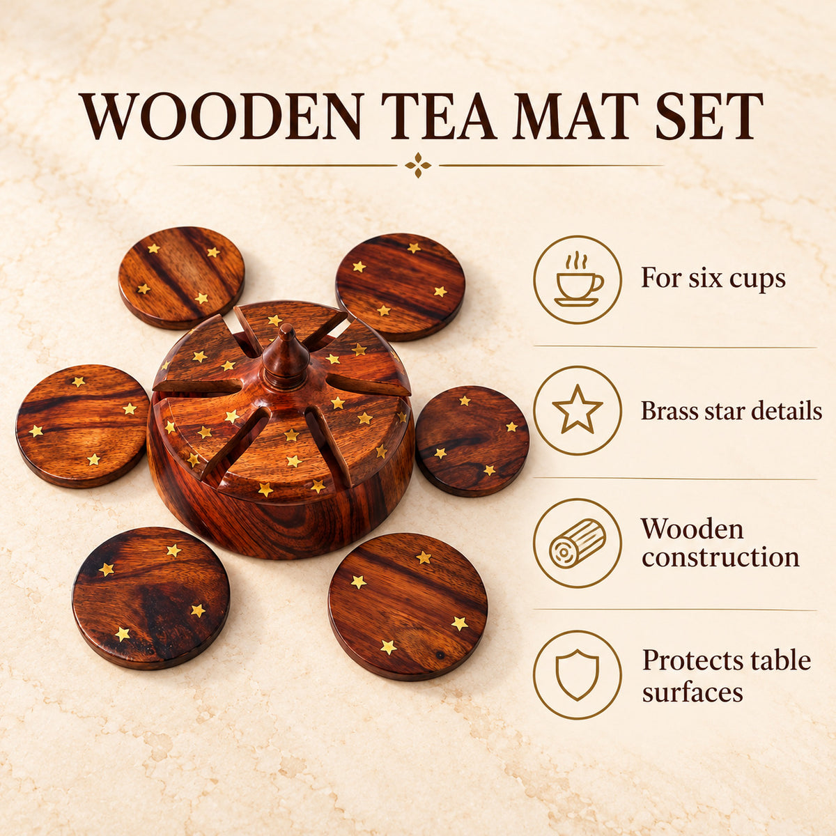 Tea Mat Brass work for 6 Cups — For six cups; Brass star details; Wooden construction; Protects table surfaces