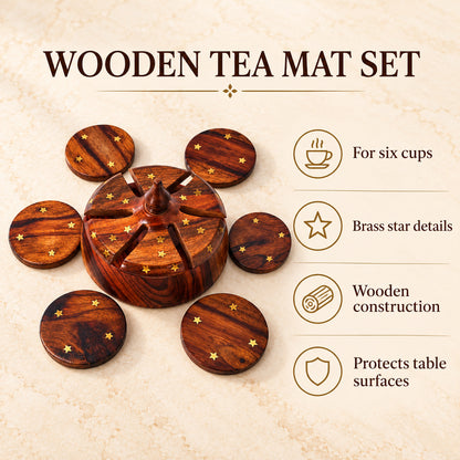 Tea Mat Brass work for 6 Cups — For six cups; Brass star details; Wooden construction; Protects table surfaces
