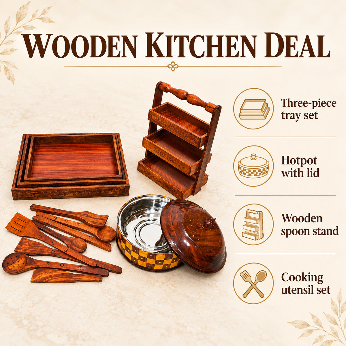 High Quality Kitchen Deal Set, Pack of 4 Wooden Items — Three-piece tray set; Hotpot with lid; Wooden spoon stand; Cooking utensil set