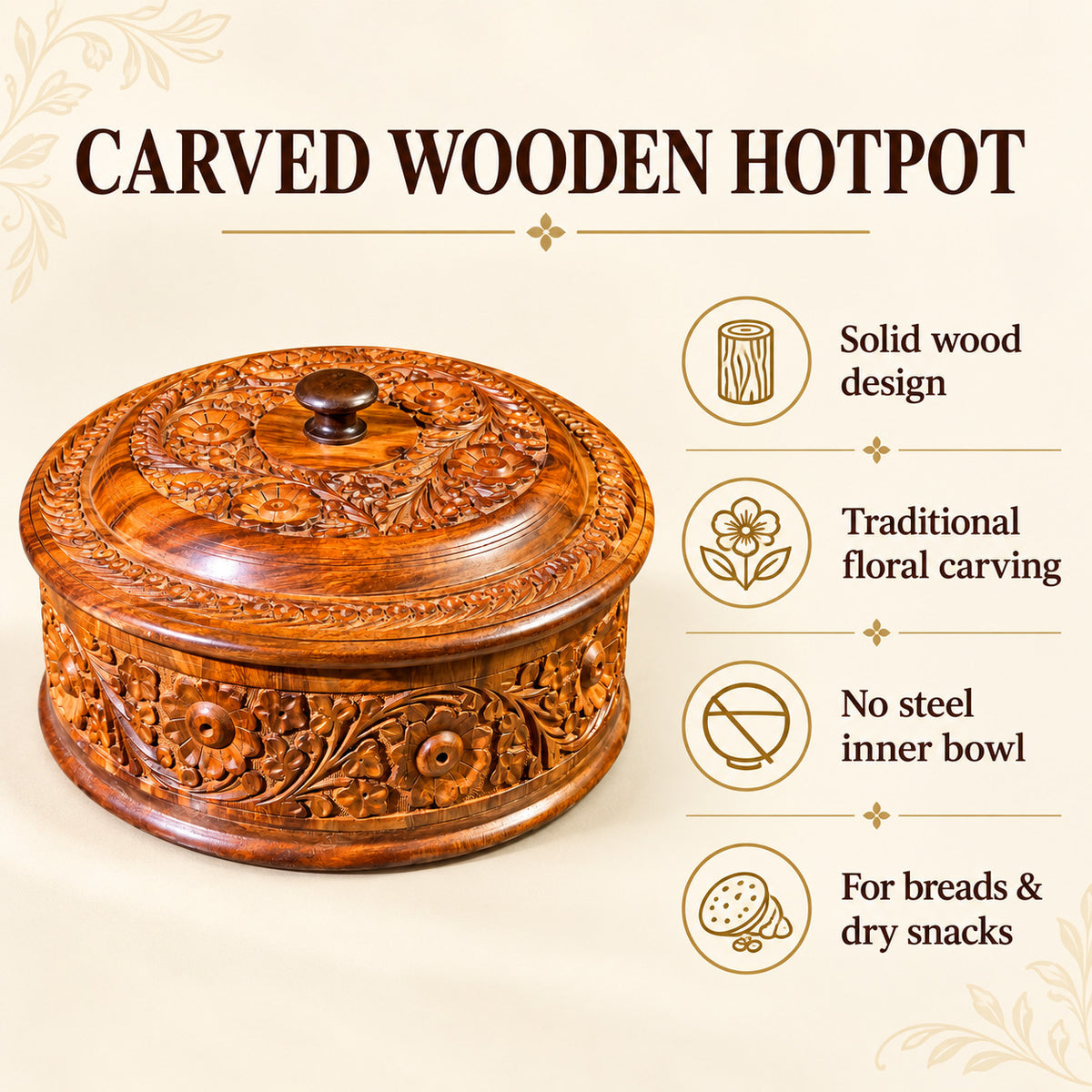 Handcrafted Wooden Carved Hotpot – Pure Wood Design – Size 12x8 Inches — Solid wood design; Traditional floral carving; No steel inner bowl; For breads & dry snacks