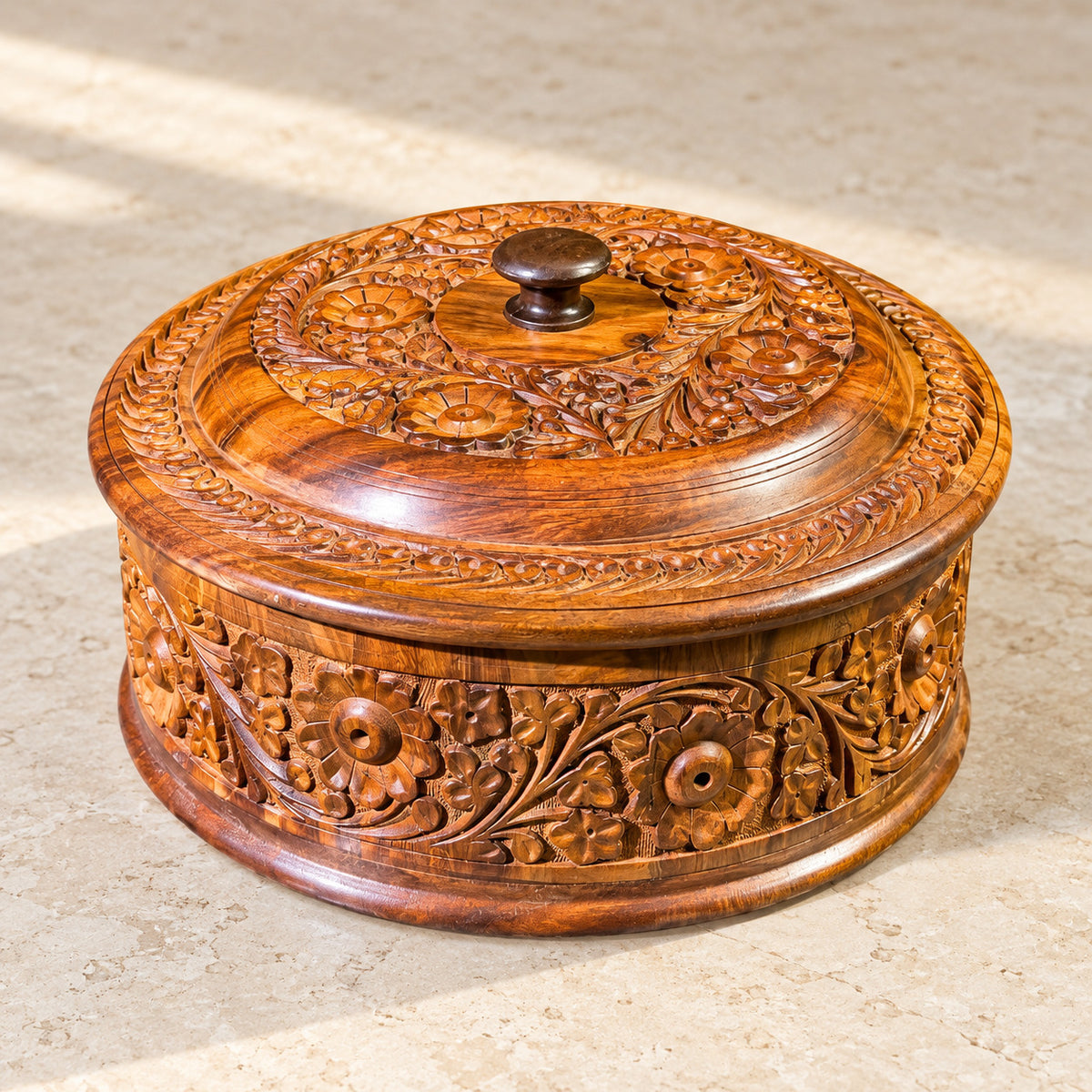 Handcrafted Wooden Carved Hotpot – Pure Wood Design – Size 12x8 Inches — product photograph