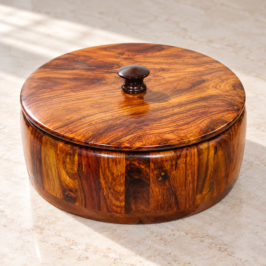 Premium Sheesham Wooden Hotpot (12 Inch) – Handcrafted Serving Box with Lid — product photograph