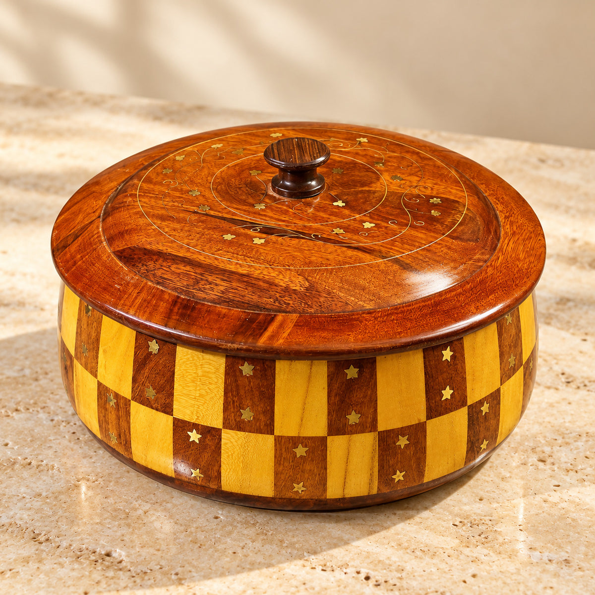 "Handcrafted 12-Inch Tukri Wooden Hotpot (Without Steel) with Brass Detailing" — product photograph