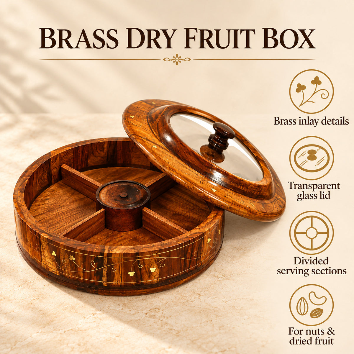 Dry Fruit Box With Glass Cover | Beautiful Brass Design — Brass inlay details; Transparent glass lid; Divided serving sections; For nuts & dried fruit