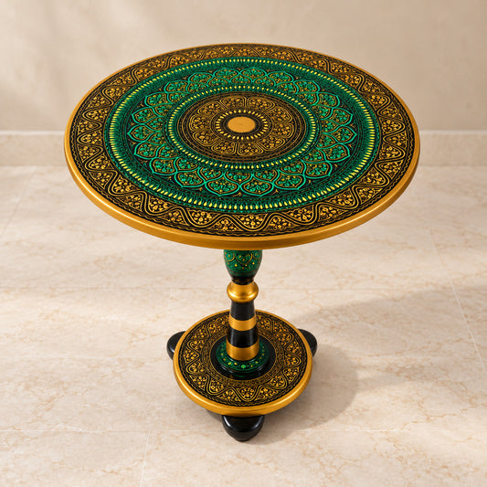 Green & Gold Art Coffee Table – 18" Round Handcrafted Table | Royal Lacquer Finish, 20" Height Accent Piece — product photograph