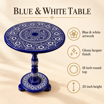 Elegant Blue & White Art Coffee Table – 18" Round Top, 20" Height | Handcrafted Lacquer Accent Table — Blue & white artwork; Glossy lacquer finish; 18 inch round top; 20 inch height