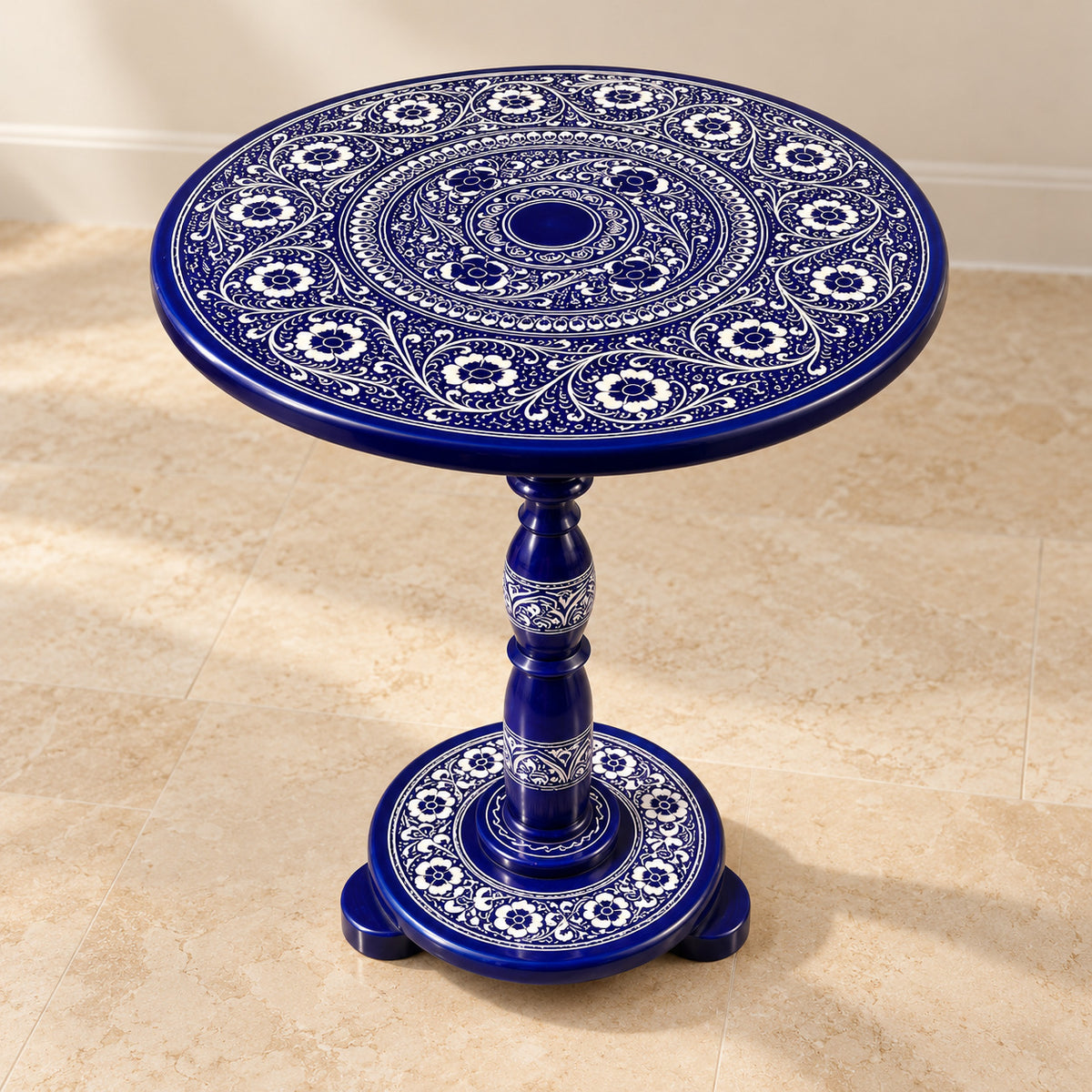Elegant Blue & White Art Coffee Table – 18" Round Top, 20" Height | Handcrafted Lacquer Accent Table — product photograph