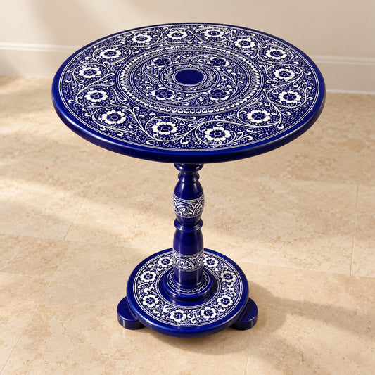 Elegant Blue & White Art Coffee Table – 18" Round Top, 20" Height | Handcrafted Lacquer Accent Table — product photograph