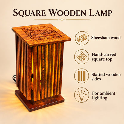 Table Lamp Carving Square — Sheesham wood; Hand-carved square top; Slatted wooden sides; For ambient lighting