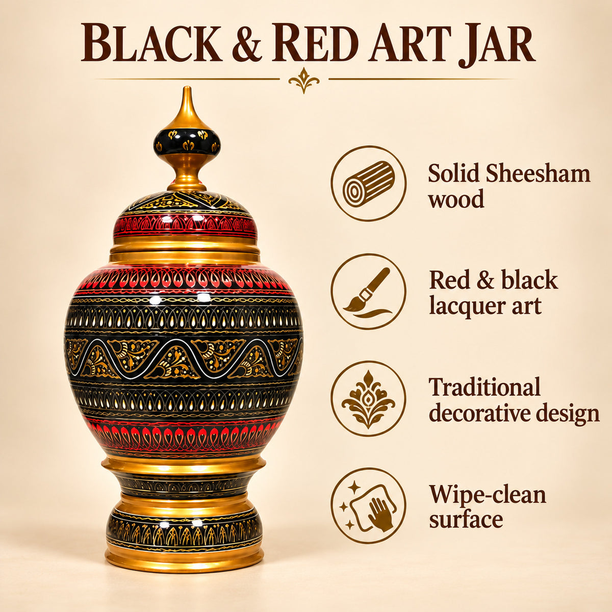 Black And Red Laquer Art jar — Solid Sheesham wood; Red & black lacquer art; Traditional decorative design; Wipe-clean surface