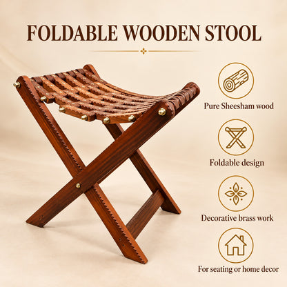 Pure Sheesham wood; Foldable design; Decorative brass work; For seating or home decor