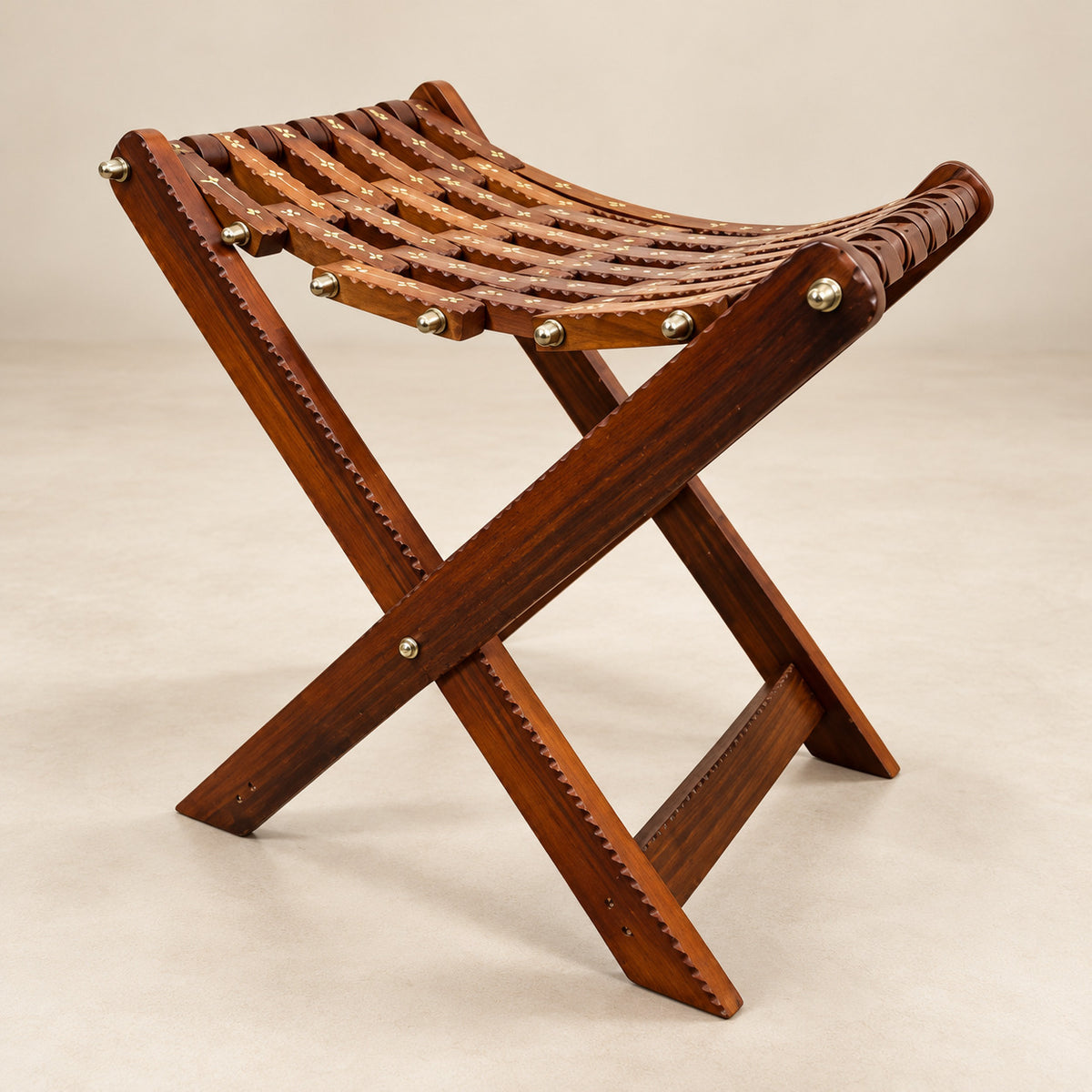 Handmade Foldable Wooden Tukri Shape Stool with Brass Work – Pure Sheesham Wood | 20” Height x 21” Length x 12” Width