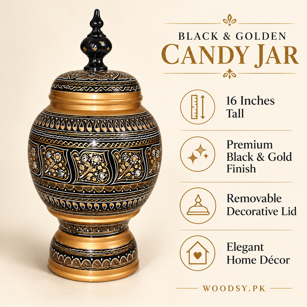 16 Inches Tall; Premium Black & Gold Finish; Removable Decorative Lid; Elegant Home Décor