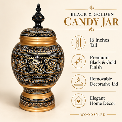 16 Inches Tall; Premium Black & Gold Finish; Removable Decorative Lid; Elegant Home Décor