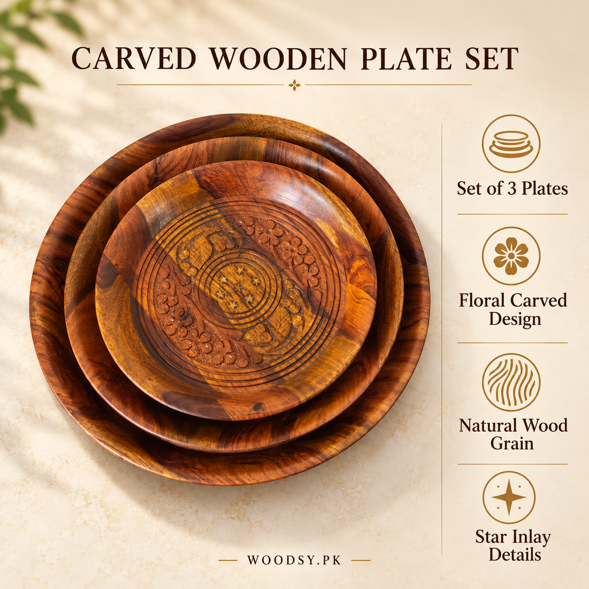 Set of 3 Plates; Floral Carved Design; Natural Wood Grain; Star Inlay Details